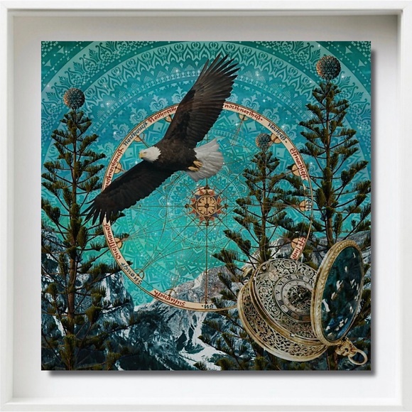 “As the Eagle” Surreal Artwork on 8” SQ Glass Tile Mounted in Shadowbox Frame